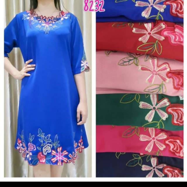 Pakaian wanita, dress import bahan scuba tebal mix bordir bunga
