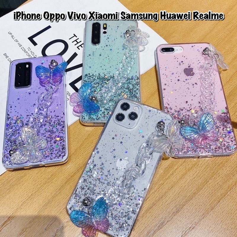 Glitter Case Chain ButterFly iPhone Oppo Vivo Xiaomi Samsung Realme 3 5 6 7 8 Pro A74 A54 Y11 10 11