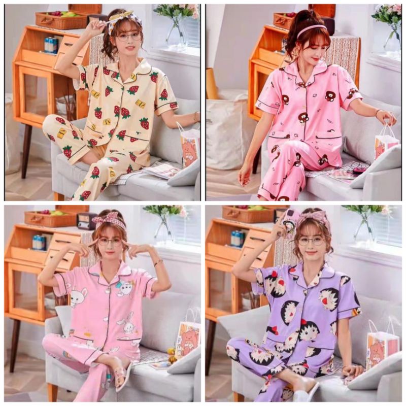 Piyama cp kancing jumbo import/baju tidur cp wanita import murah C08T