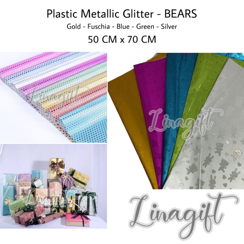 ( 3 Lembar ) PLASTIC METALLIC GLITTER BEARS - PLASTIK KADO METALIK GLITER PASIR GOLD SILVER SHINY MENGKILAP BONEKA BERUANG TEDDY BEAR VINTAGE CLASSIC EUSTHATIC