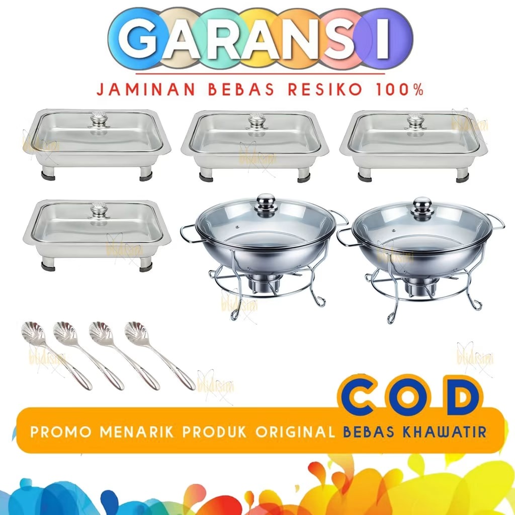 Paket Prasmanan Set Stainless Wadah Saji Makanan Tutup Kaca 2/4