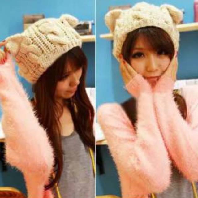 Topi Kupluk Beanie Kuping Kucing Crochet