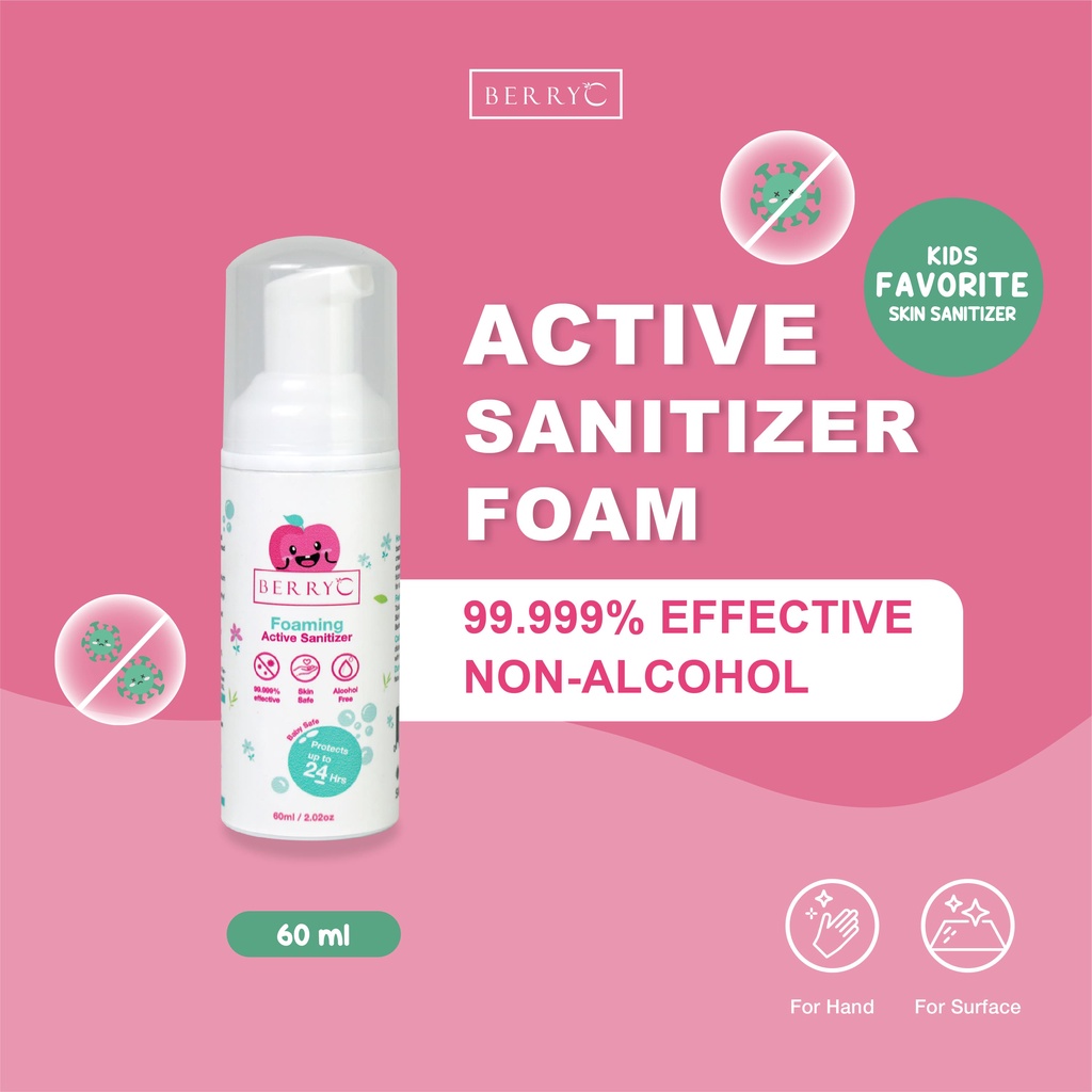 BerryC Active Sanitizer Foam 60ml Natural Food Grade Hand Antiseptik Non Alcohol Alkohol Aman untuk Bayi Lembut Sensitif Kulit Rinseless Soap Sabun Tanpa Bilas Travel Size Mudah Favorit Anak Efektif COVID19 HFMD Flu SIngapore Singapura Impor Perlindungan