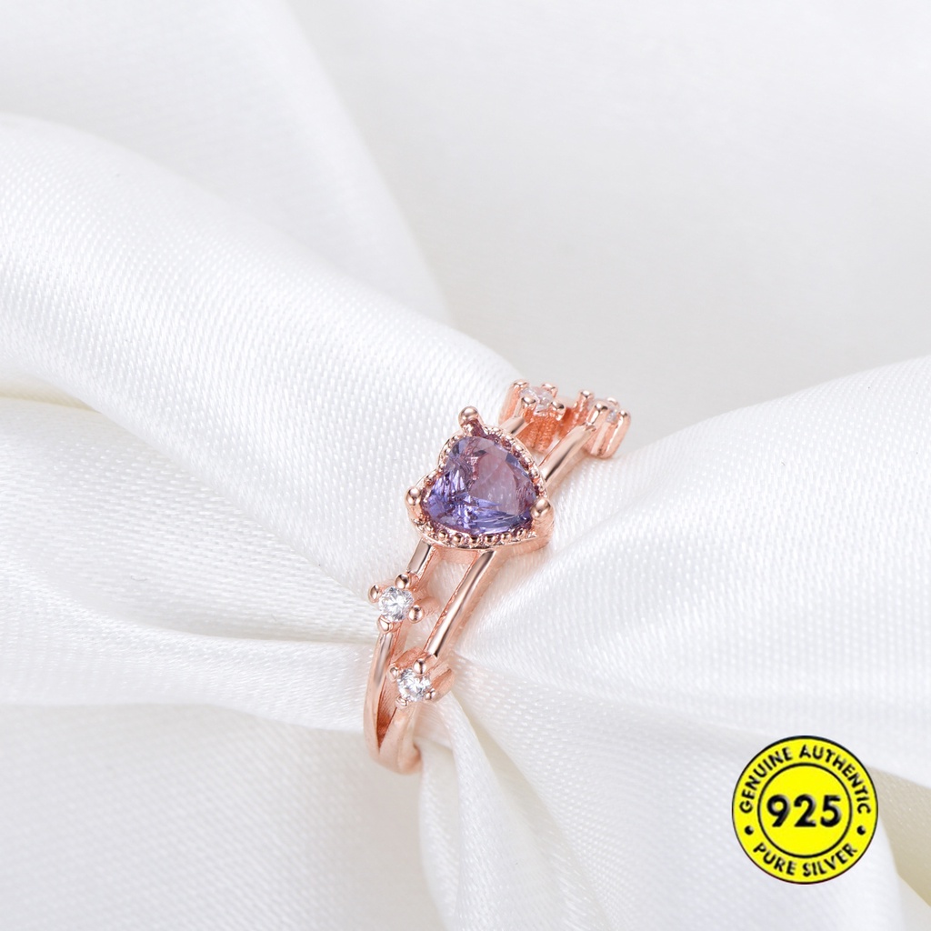 Cincin S925 Silver Rose Gold 18k Bentuk Hati Aksen Kristal Ungu