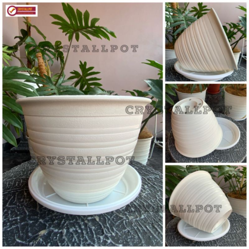 Pot bunga tanaman  model tawon putih uk 18cm +tatakan putih - original