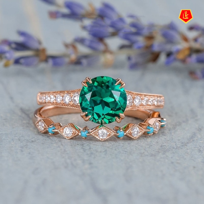 [Ready Stock]New Inlaid Emerald Ring 14K Rose Gold Elegant Graceful