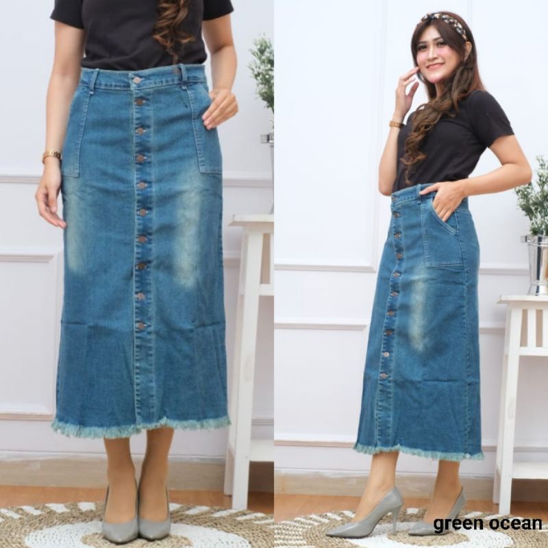 Rok Jeans Stretch Span Panjang Gisca Kancing Depan Tebal Dan Melar-Green Ocean