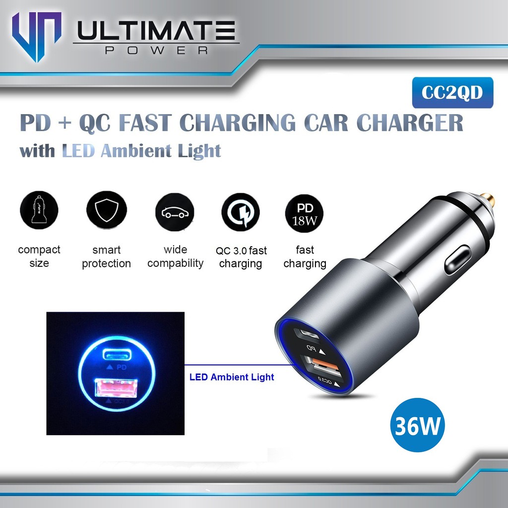 Ultimate Power 36W PD+QC Fast Charging Car Charger with LED Ambient Light original100%asli