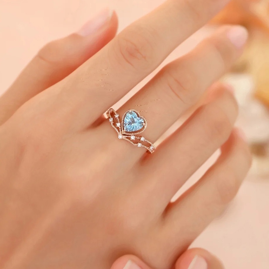 perak asli 925 cincin Wanita Kreatif Cinta Berbentuk Hati Biru Batu Permata Cincin Dapat Disesuaikan Fashion Perhiasan