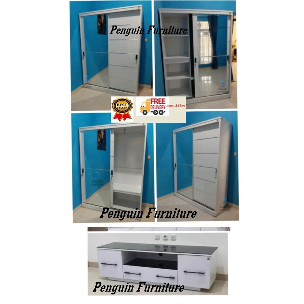 1 SET LEMARI PAKAIAN 2 PINTU SLIDING + MEJA TV (WSD PALAZIO + AVR CIELO) FREE RAKITT