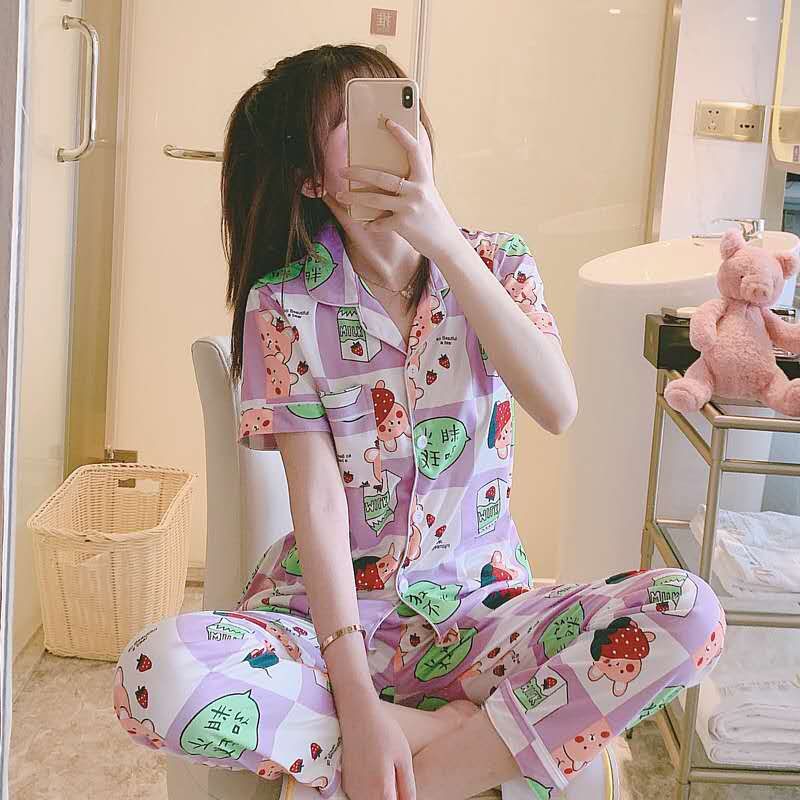 BAJU TIDUR PIYAMA SET KEMEJA CP LENGAN PENDEK CELANA PANJANG IMPORT PREMIUM BANYAK MOTIF-Milk
