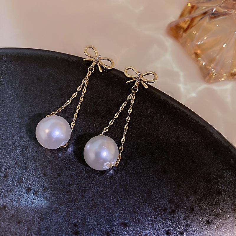 Anting Panjang Mutiara Berpohon Busur Elegan Aksesoris Korea Wanita