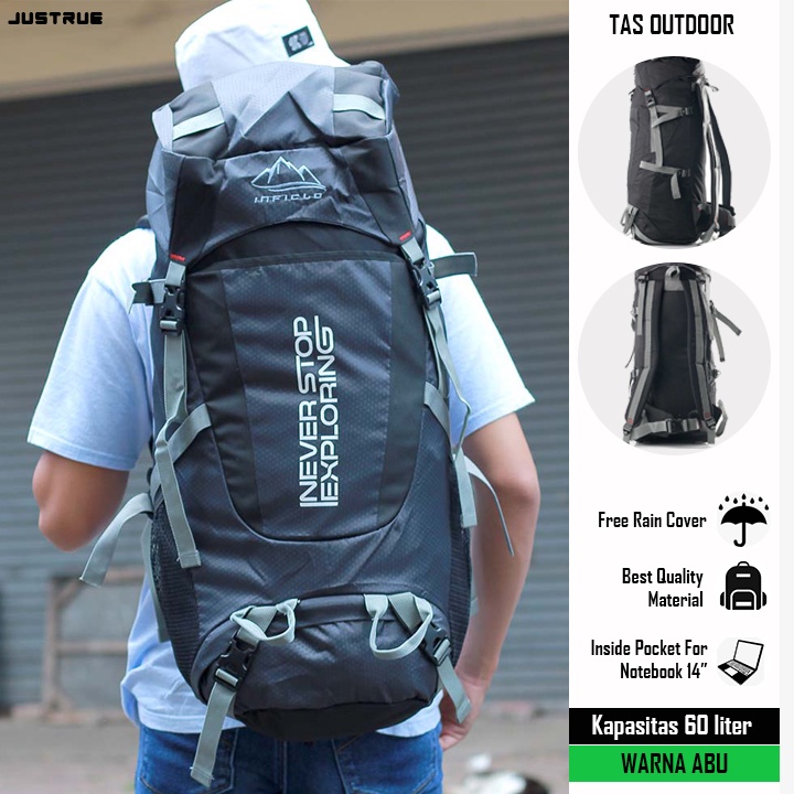 Justrue Tas Gunung Carrier 60 Liter Ransel Keril 60L Abu 541