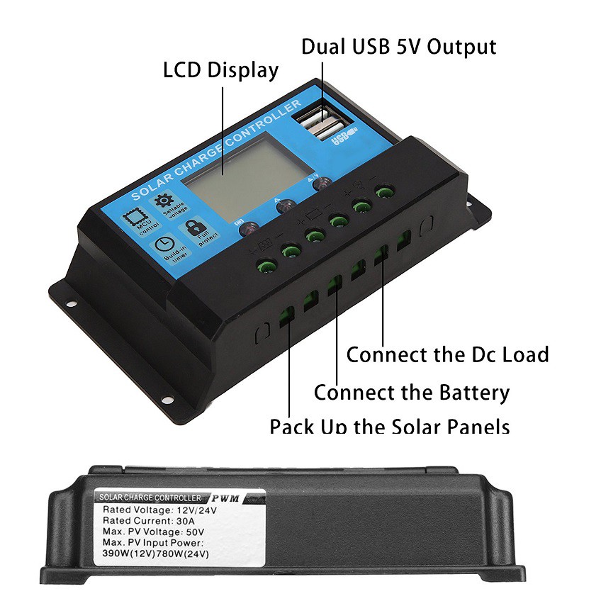 Solar Charge Controller LCD LED Display Solar PWM 12V/24V 10A 20A 30A 50A 60A USB Panel Surya Charge