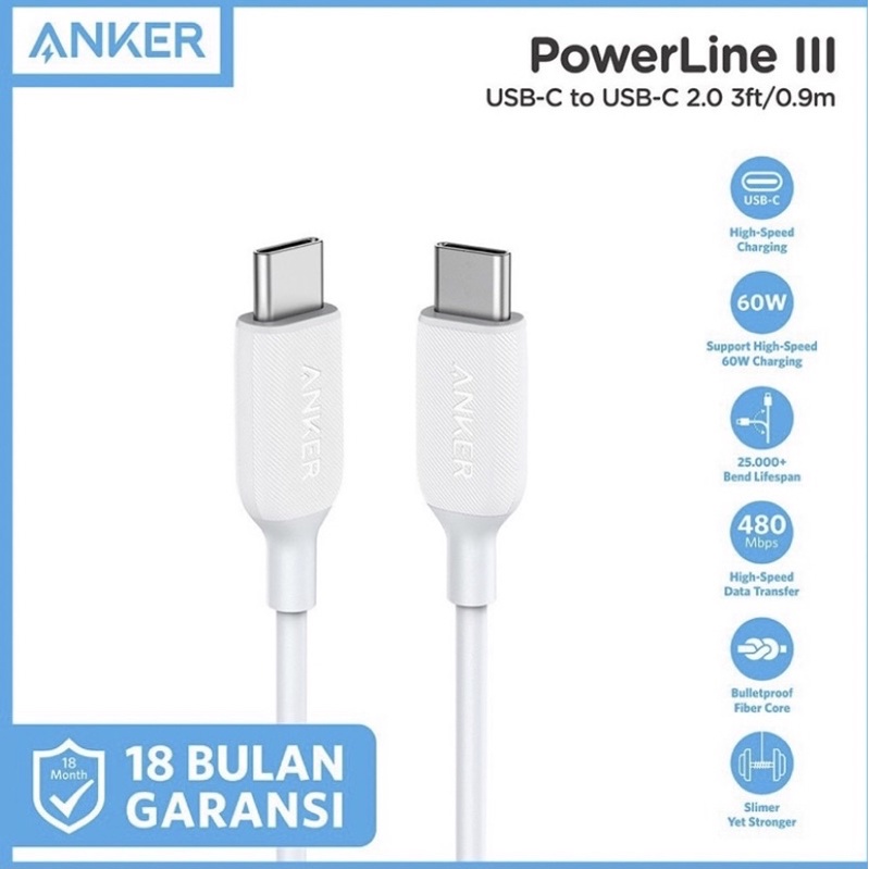 Kabel Charger Anker PowerLine III USB-C to USB-C Cable 3ft - A8852