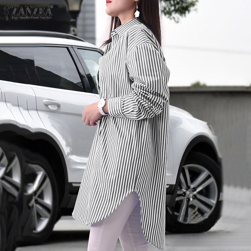 ZANZEA Women Fashion Long Sleeve Lapel Loose Stripe Printed  Button Down Blouse