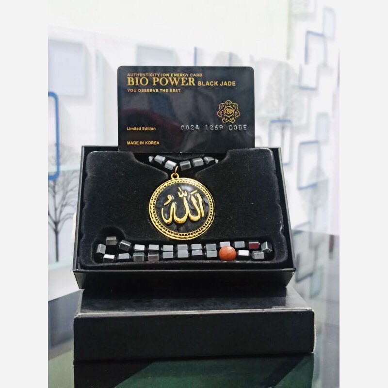 bio power black jade(kalungliontin Allah batu gwisamunsok +gelang terapi kesehatan +sertifikat +box)