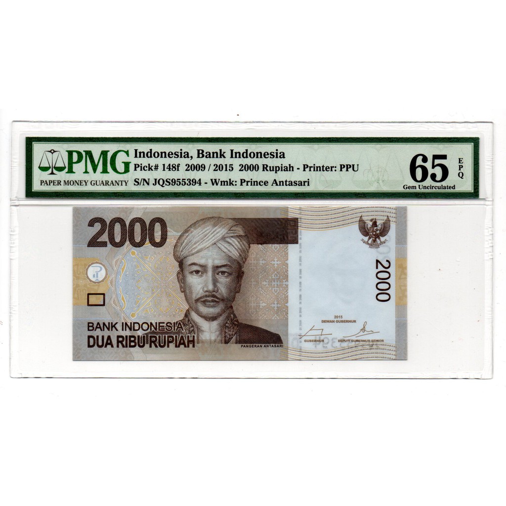 PMG 65  Rp 2000 GEM UNC P ANTASARI P148F KOLEKSI UANG KUNO LAMA MAHAR SN JQS955394
