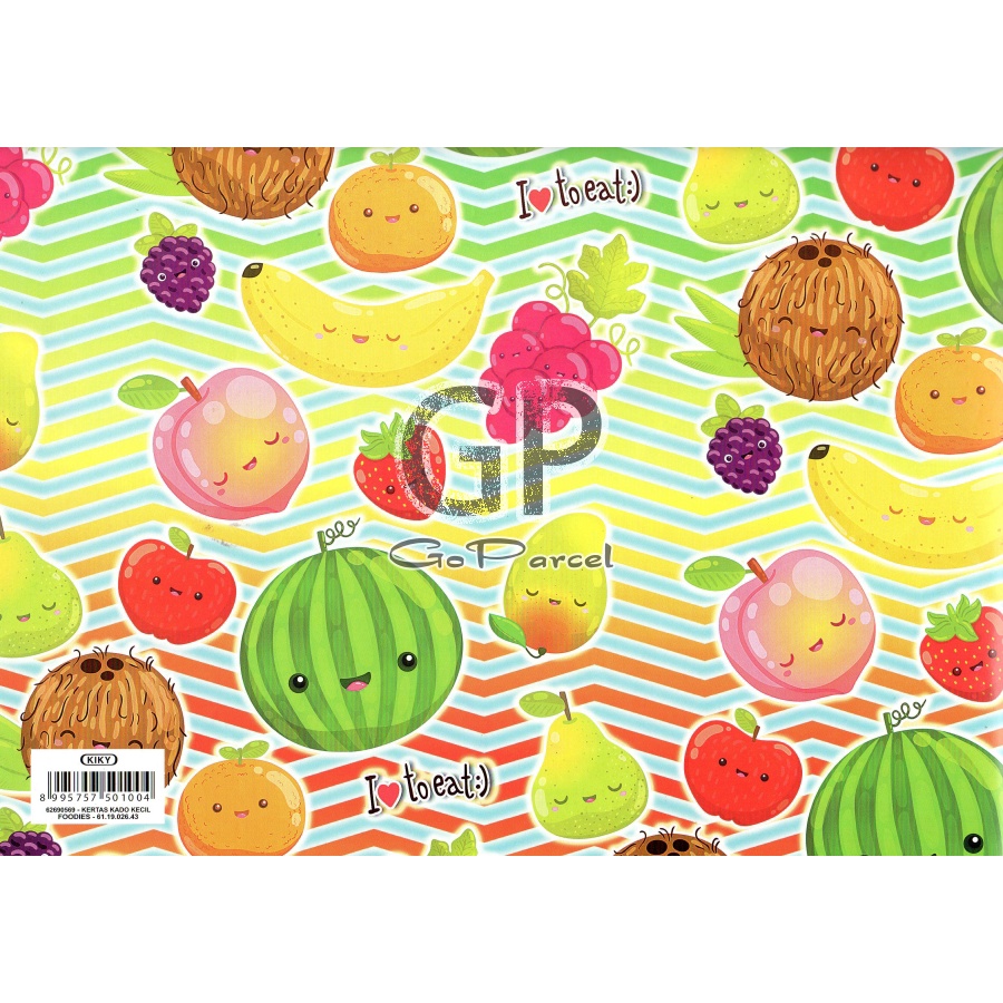 ( 5 Lembar ) KERTAS KADO FRUITY POP KIKY - GIFT WRAP PAPER BUAH BUAHAN SEMANGKA WATERMELON AVACADO PINEAPPLE STRAWBERRY ORANGE GRAPE ALPOKAT LEMON SHINT MENGKILAP GLOSSY