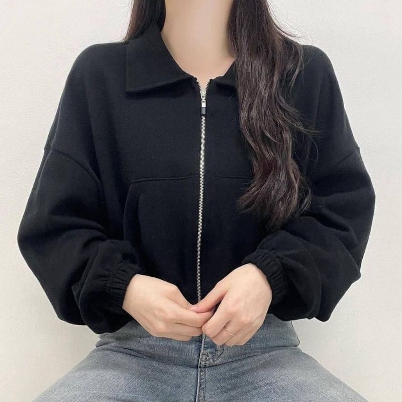 Jaket Collared Fuzzy Crop - Korean Sweatshirt Zipper - Atasan Wanita - Bahan Fleece - Allsize