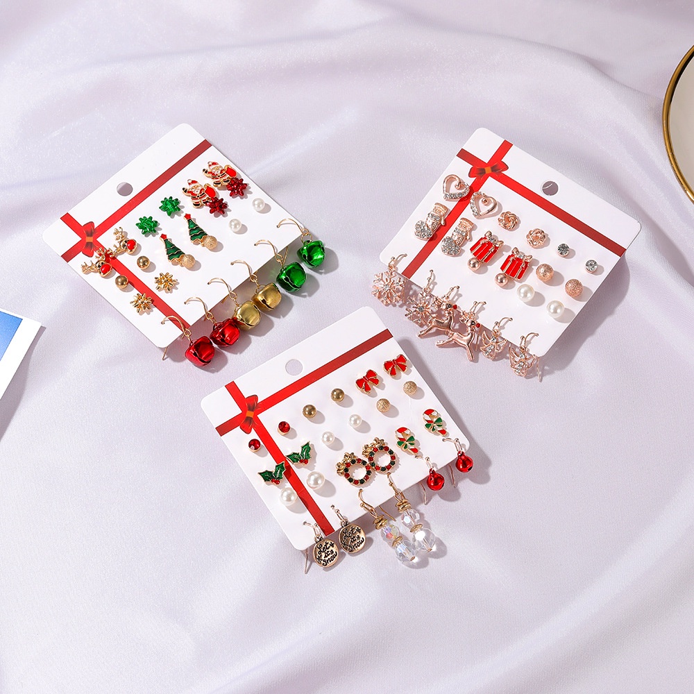 12pcs / Set Anting Tusuk Wanita Desain Pohon Natal / Snowflake / Rusa / Lonceng Untuk Pesta / Hadiah