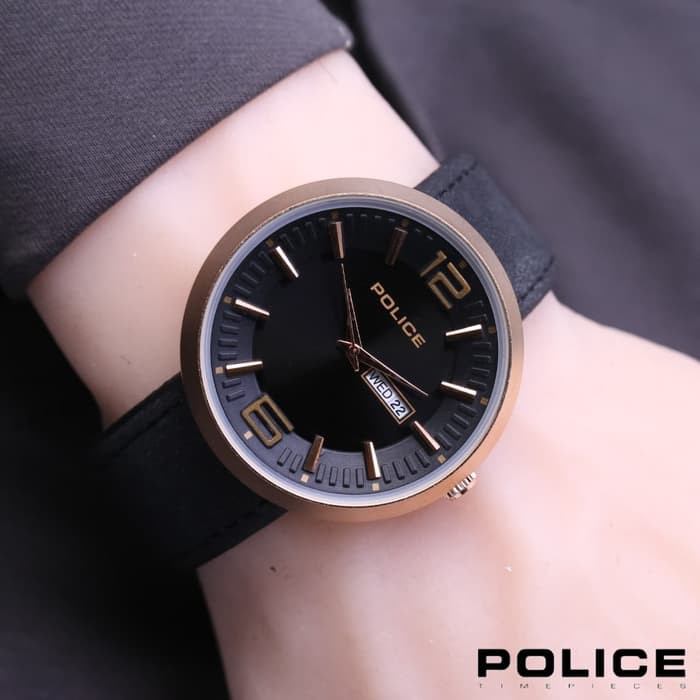 JAM TANGAN PRIA POLICE KULIT TANGGAL HARI BLACK ROSEGOLD