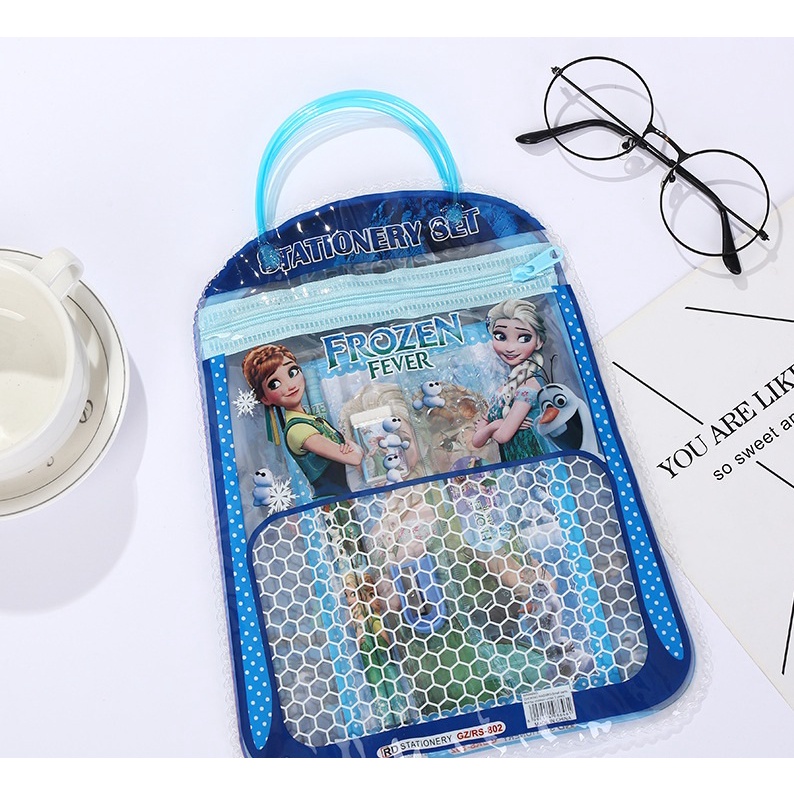 Alat tulis set tas 7 in 1 bingkisan kado ulang tahun anak sekolah pensil buku kartun stationary set birthday souvernir gift Minion Elsa frozen pony Doraemon kitty