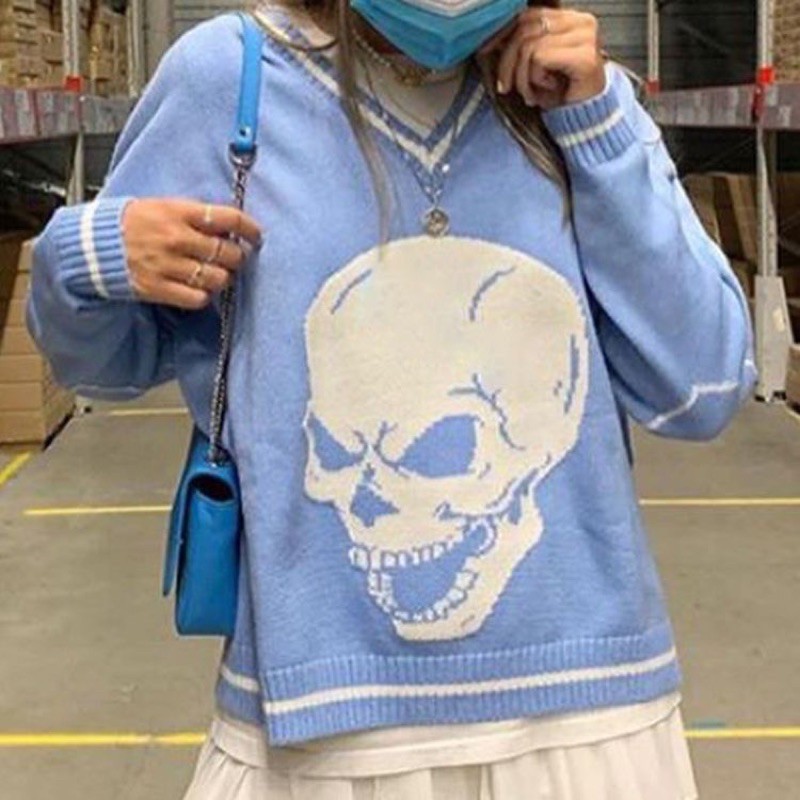 SKULL SWEATER/sweater oversize wanita/y2k sweater crewneck vintage biru lengan panjang fashion cute