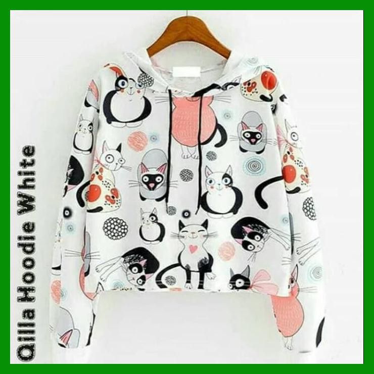 MICHELLESTORE SWEATER WANITA CROP HOODIE QILLA CAT FULL PRINT - PUTIH
