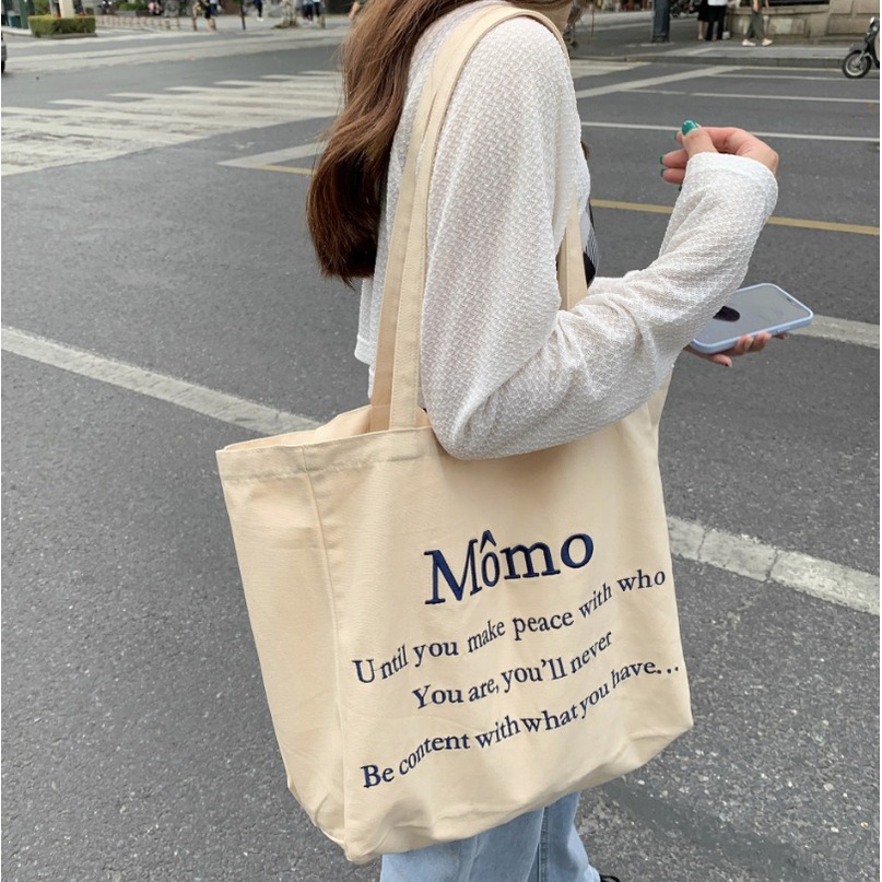 FINOM MO MO - Totebag Kanvas Bordir Polos Wanita Remaja Korean Style