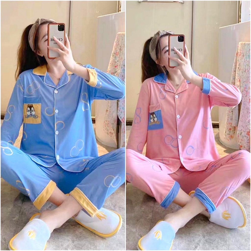 BEE - Setelan Wanita Import | Baju Tidur Lengan Panjang | Piyama Wanita | Baju Tidur Spandek