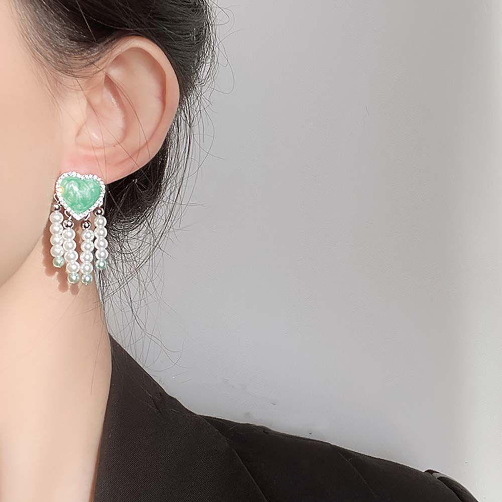 NEEDWAY Mutiara Jantung Anting Perhiasan Fashion Halus Cinta Hati Mutiara Rumbai Berlian Imitasi Drop Earrings Wanita Earrings