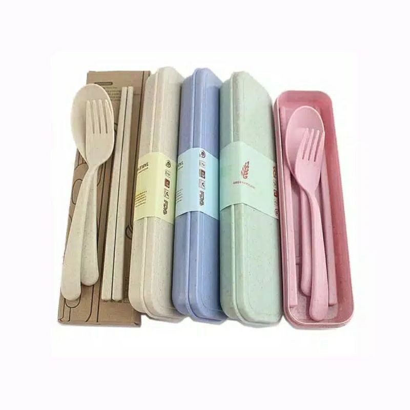 3 in 1 Set Alat Makan sendok sumpit garpu Korean style travel Kotak Polos aman bersih bebas penyakit