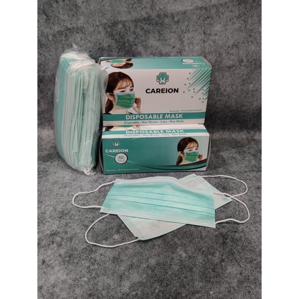 READY STOK MASKER EARLOOP HIJAU MERK CARE ION CAREION 3 PLY ISI 50 LBR