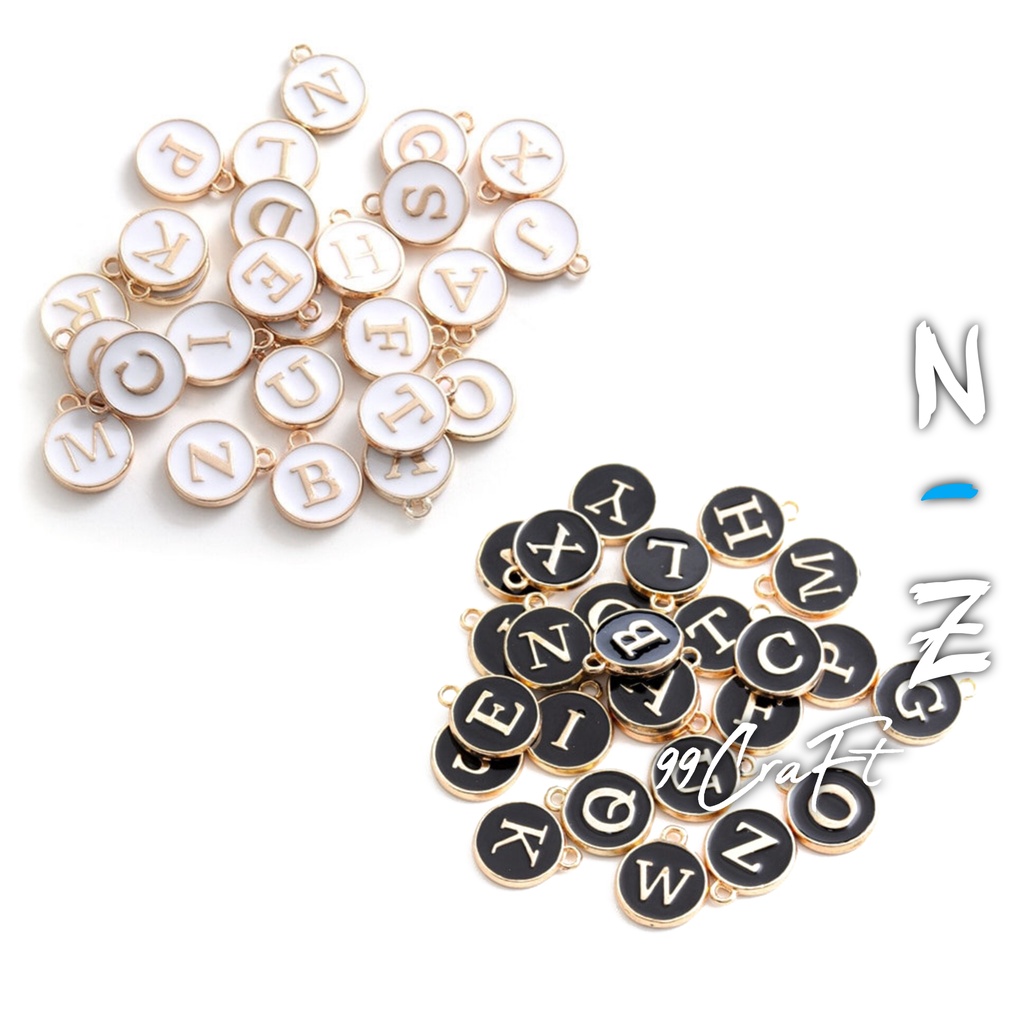 Charm bandul huruf enamel N-Z epoxy koin putih hitam beads bahan membuat kerajinan gelang kalung
