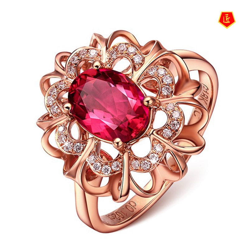 [Ready Stock]18K Rose Gold Inlaid Colored Gemstone Ring Elegant Advanced Exquisite