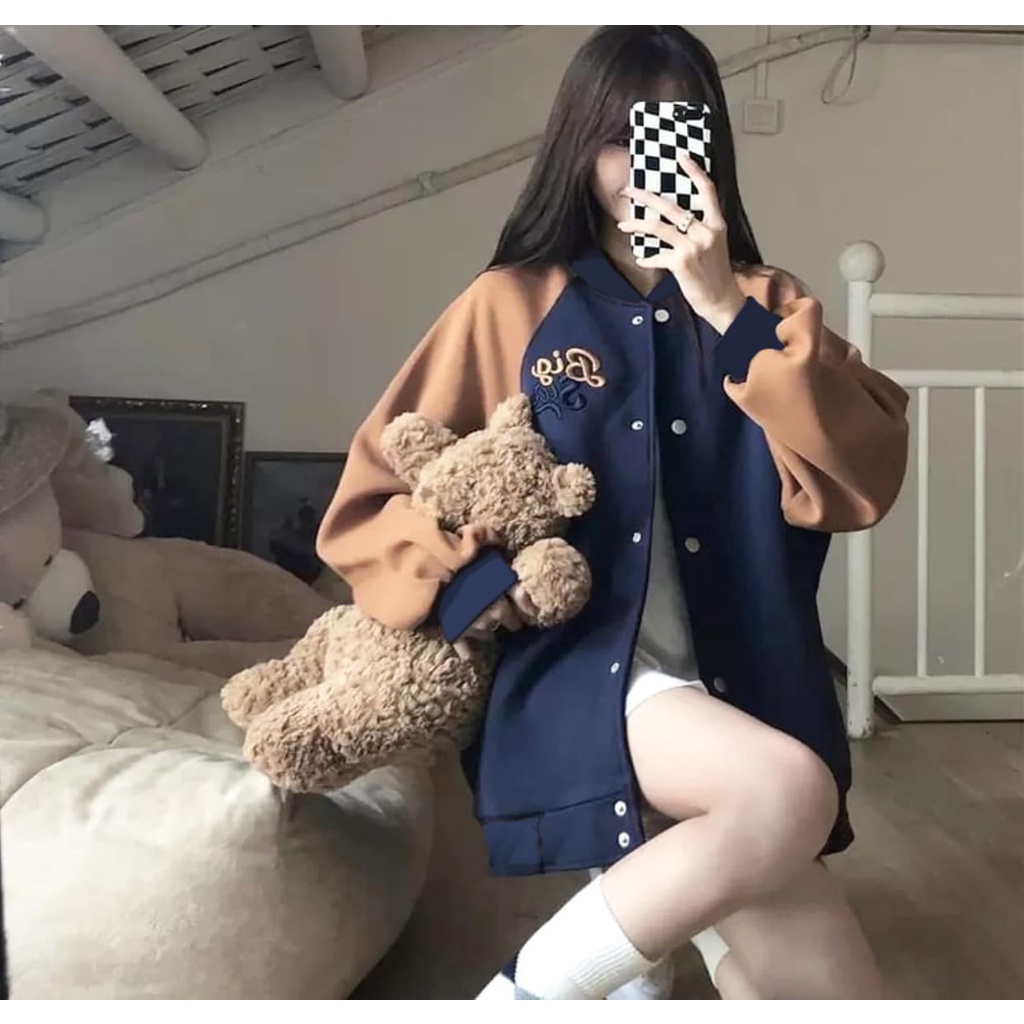 BORDIR ✔ M Baseball jaket oversize mocca - jaket wanita - varsity jaket terbaru