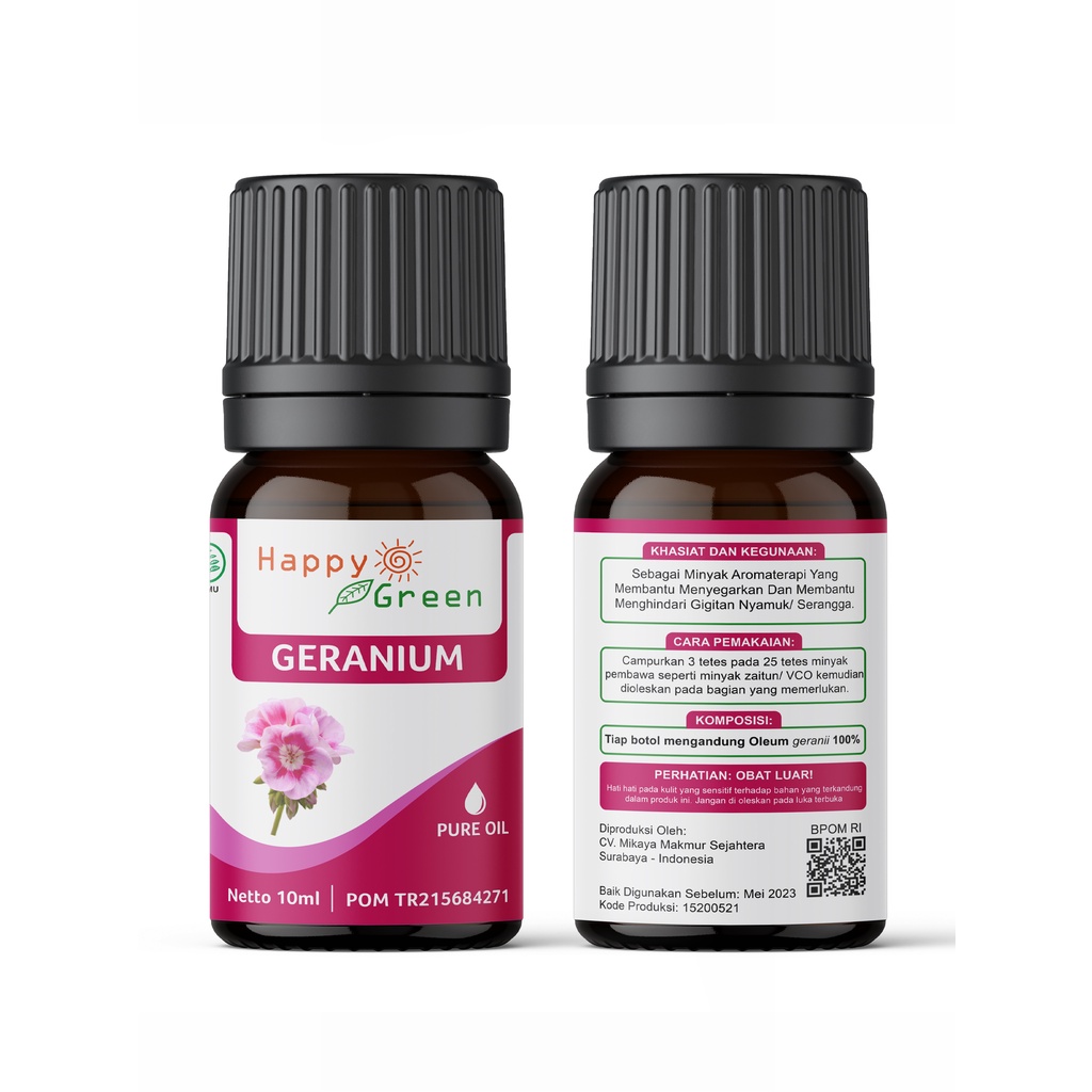 BPOM Happy Green Geranium Essential Oil - Minyak Bunga Geranium 100% Murni Natural