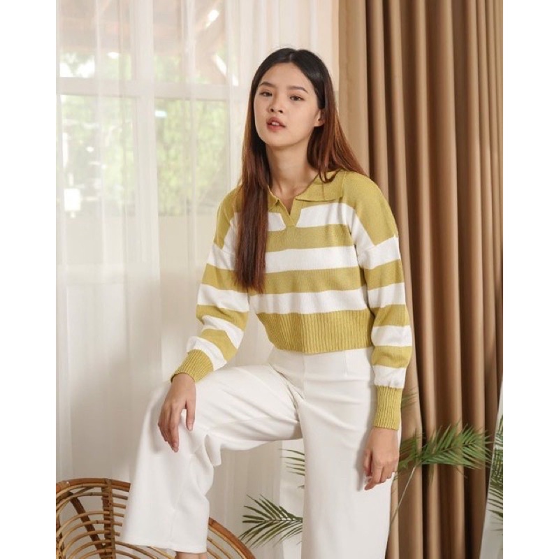 Stripe crop top polo knitted premium