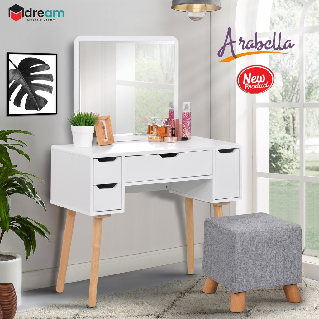 Meja Rias Makeup Tolet Puff Kursi Minimalis Modern Scandinavian Putih White - MRSL