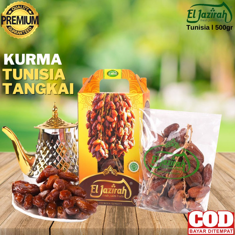 

Kurma Tunisia Tangkai Premium Eljazirah Kemasan Jinjing 500 Gram Coklat Tekstur Kering Segar Murah