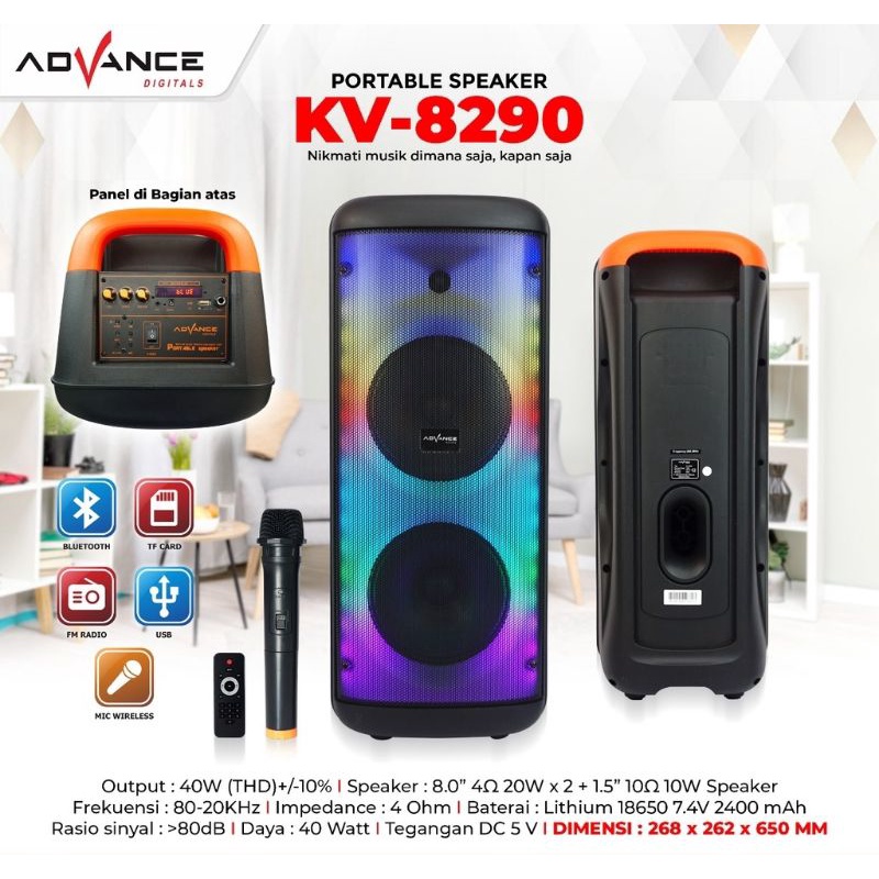 Speaker Active Portable Advance KV-8290 8&quot; Bluetooth