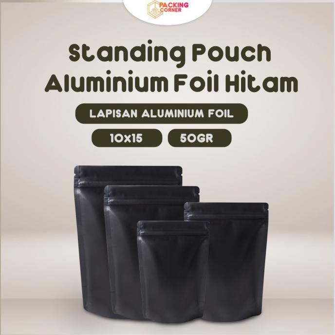Standing Pouch Hitam 10x15 cm Plastik Klip Alumunium Foil METALIZED