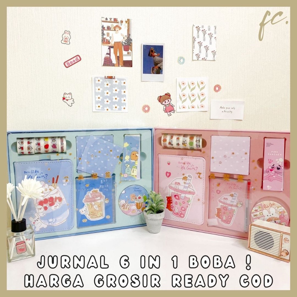 

Paket Jurnal Set 6 in 1 Agenda / Gift Box Hampers / Hadiah / Notebook Journal Diary Alat Buku Tulis Boba Bubble Tea Fruit Ice Cream Sundae Lengkap Scrapbook Cute Girl Import Grosir Ready COD