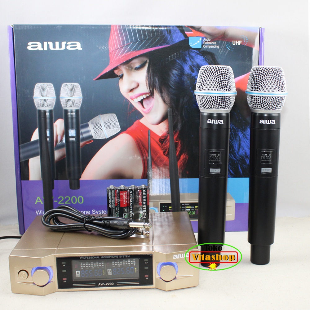 MIC Wireless Aiwa AW-2200 Microphone Wairles 2 Handle Mik Karaoke Vocal Bagus