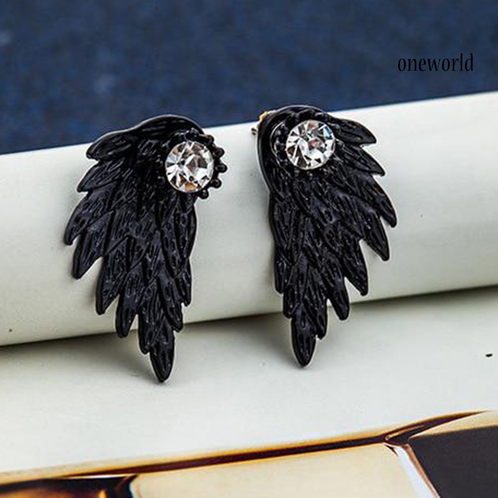 OW@ Women Fashion Angel Wing Rhinestone Inlaid Ear Jacket Stud Earrings Jewelry Gift