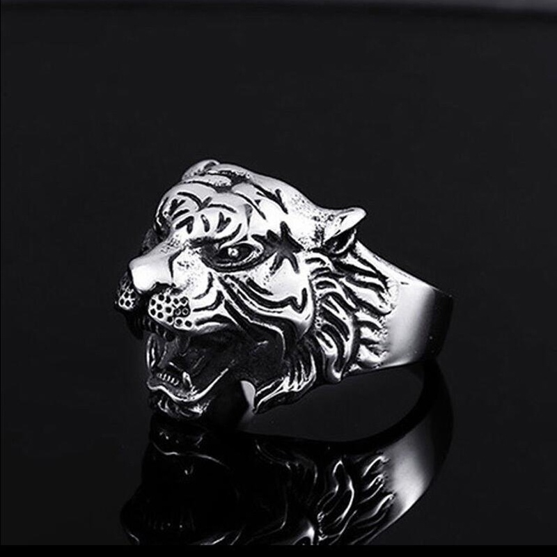 Cincin Desain Kepala Harimau Gaya Punk Rock Retro Untuk Pria