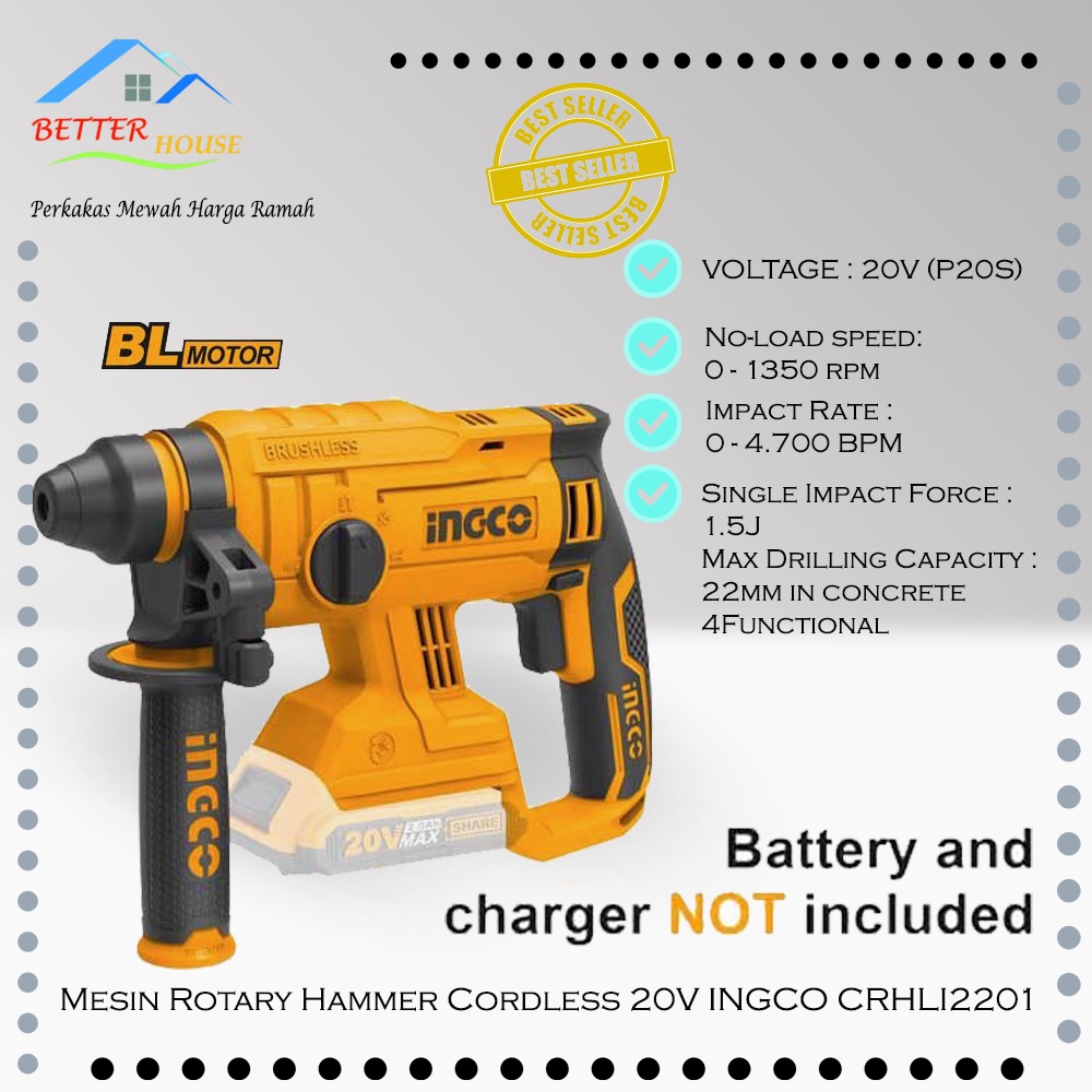 MESIN BOR PALU ROTARY HAMMER CORDLESS 20V INGCO CRHLI2201 UNIT ONLY