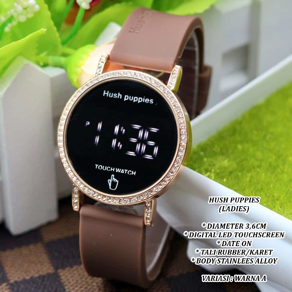 (BISA COD) JAM TANGAN WANITA HUSH PUPPIES TALI RUBBER BODY BULAT LED TANGGAL AKTIF