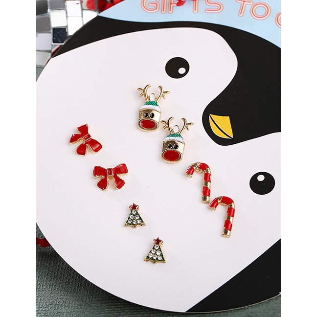 LRC Anting Tusuk Fashion Color Cartoon Christmas Deer Tree Bow Cane Earrings Four Pairs D49932